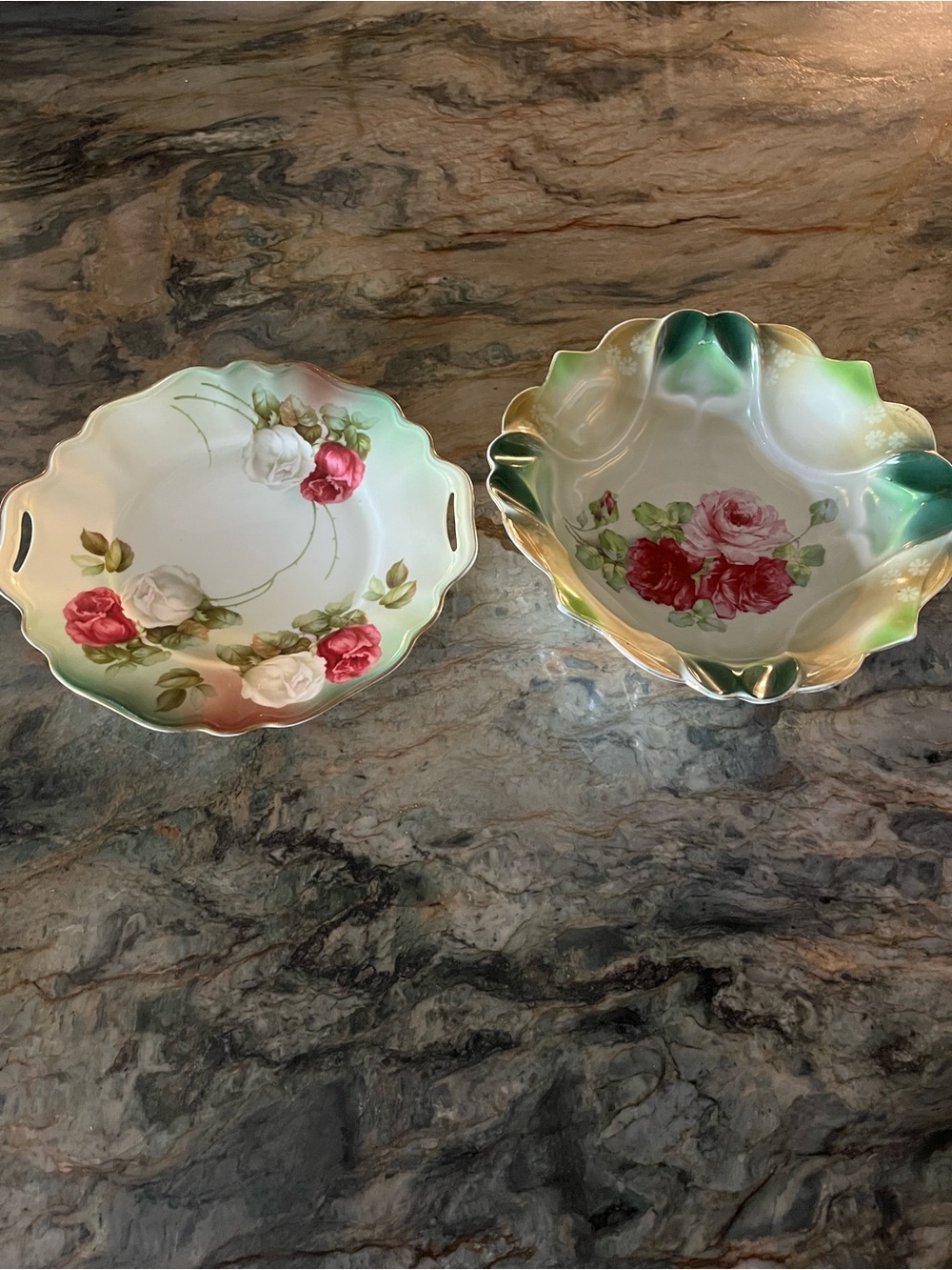 Vintage Floral Porcelain Bowls - Pink & Green Rose Motif From Prussia